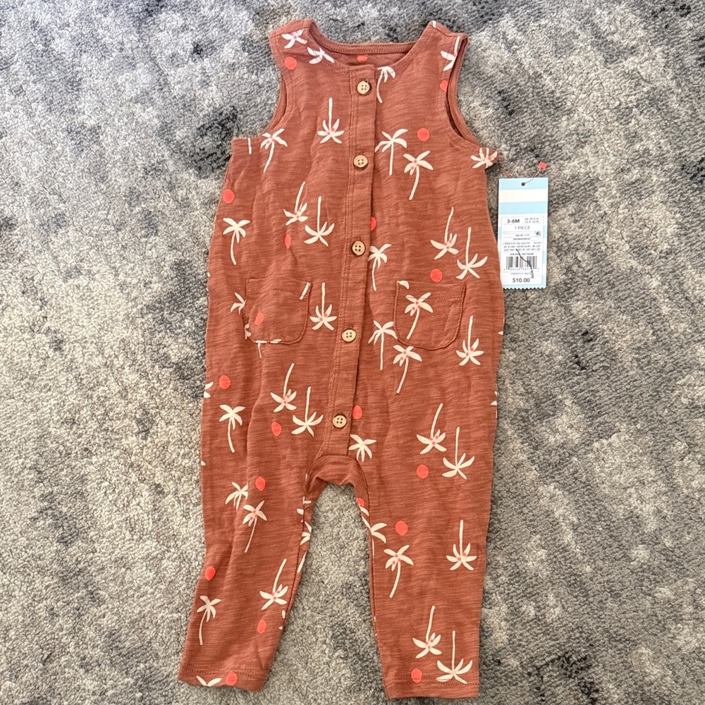 Baby Sleeveless Brown Jumpsuit with Palm Print 3-6M